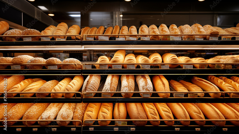 Delicious Bread Assortment in a Modern Supermarket Bakery - Freshly Baked Goods on Display with Copy-Space for Promotions