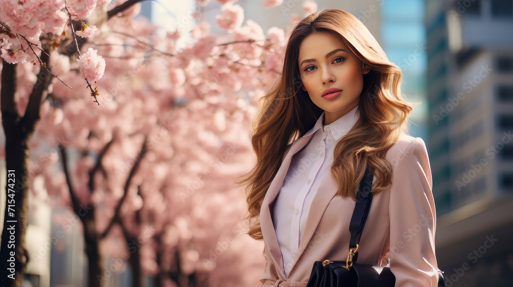 Fototapeta premium Modern happy young smiling Asian business woman against the backdrop of pink cherry blossoms and metropolis city.