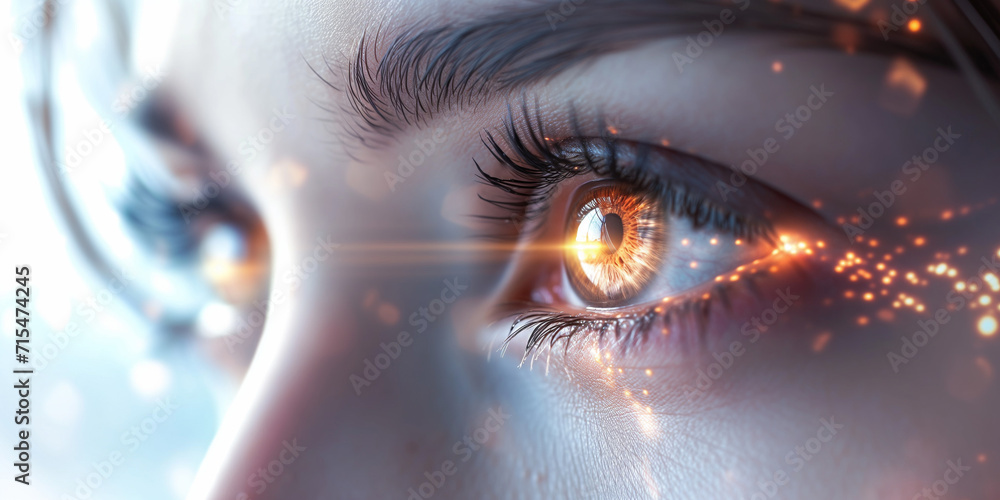 Close up focus on the eye of a young woman looking straight ahead in glittering lights effect, having a clairvoyant vision, a mystical emotion, a spiritual feeling - obrazy, fototapety, plakaty 