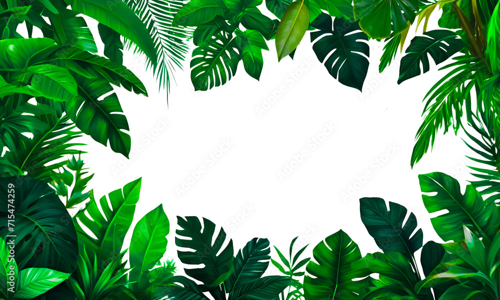 Tropical leaves on white background. Green tropical green plants, Palm leaf, Monstera. Natural detailed plant template. Exotic. Material for advertising and creativity. Tropical leaves on white background. Green tropical green plants, Palm leaf, Monstera. Natural detailed plant template. Exotic. Material for advertising and creativity.