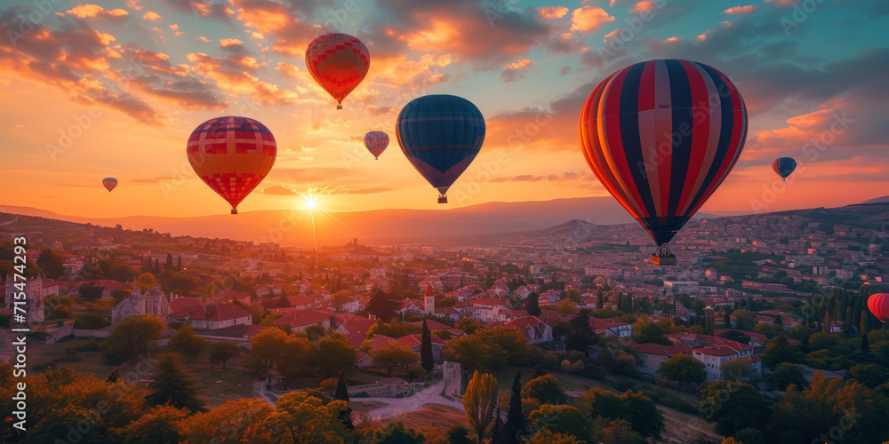 Obraz premium Sonnenuntergang mit bunten Heissluftballons, die über die Stadt fliegen
