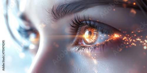 Close up focus on the eye of a young woman looking straight ahead in glittering lights effect, having a clairvoyant vision, a mystical emotion, a spiritual feeling photo