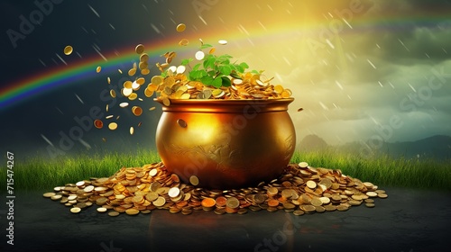 Leprechaun pot of gold and luck, rainbow backdrop, St. Patrick's Day illustration, Generative ai