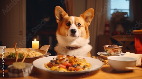 Corgi at the kitchen table. Dog steals food, pet behavior