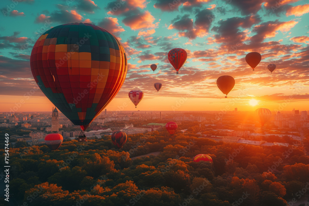 Obraz premium Sonnenuntergang mit bunten Heissluftballons, die über die Stadt fliegen