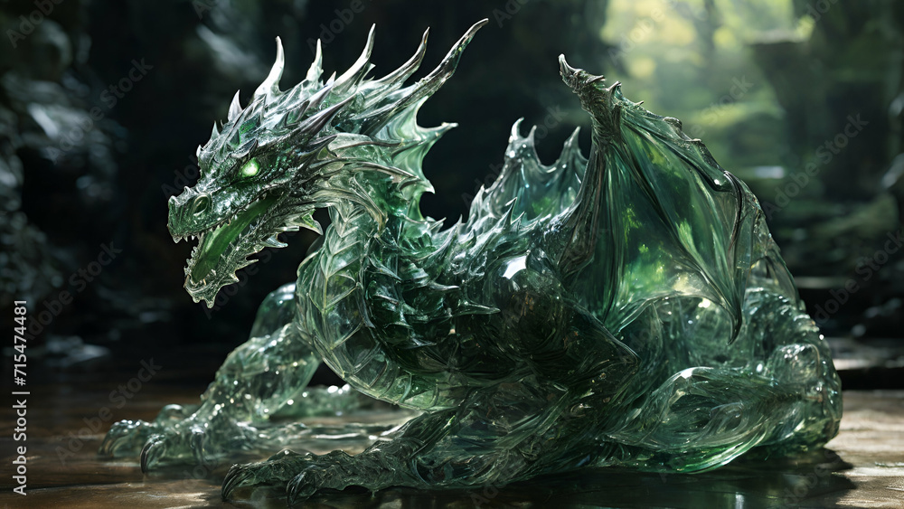 As if from a dream, a dragon crafted from green glass glides gracefully through a tunnel of shimmering crystal, its transparent form reflecting the beauty of its surroundings.