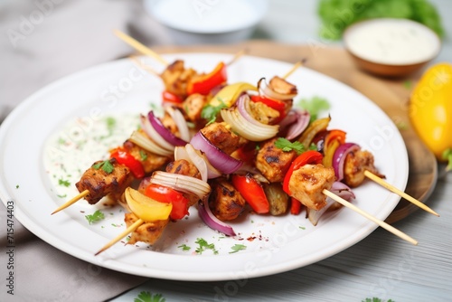 grilled chicken shawarma skewers with onions and peppers