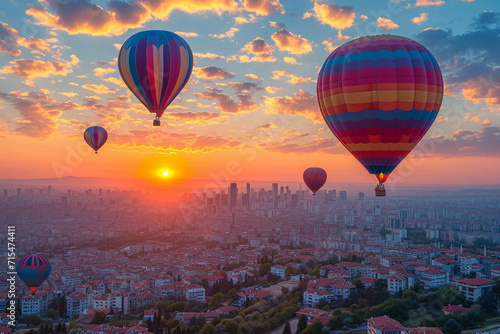 Sonnenuntergang mit bunten Heissluftballons, die über die Stadt fliegen © Fatih