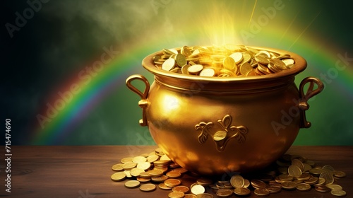 Leprechaun pot of gold and luck, rainbow backdrop, St. Patrick's Day illustration, Generative ai