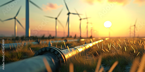 wind farm with pipes behind grass and sun, in the style of photo-realistic landscapes, futuristic landscapes,  photo