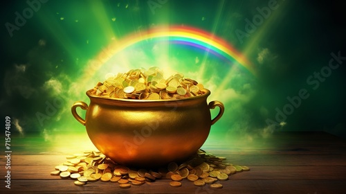 Leprechaun pot of gold and luck, rainbow backdrop, St. Patrick's Day illustration, Generative ai
