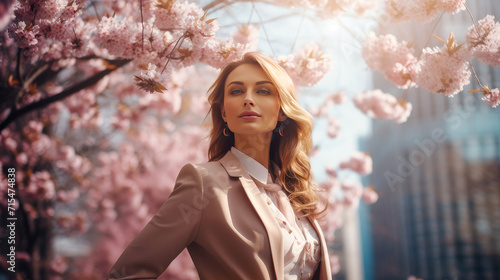 Modern happy young smiling business woman against the backdrop of pink cherry blossoms and metropolis city.
