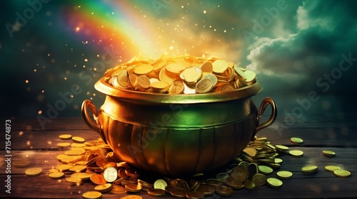 Leprechaun pot of gold and luck, rainbow backdrop, St. Patrick's Day illustration, Generative ai photo