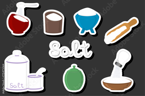 Illustration on theme big set different types ware filled salt for organic cooking
