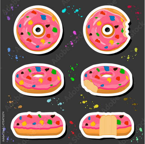 Illustration on theme big set different types sticky donuts  sweet doughnuts various size