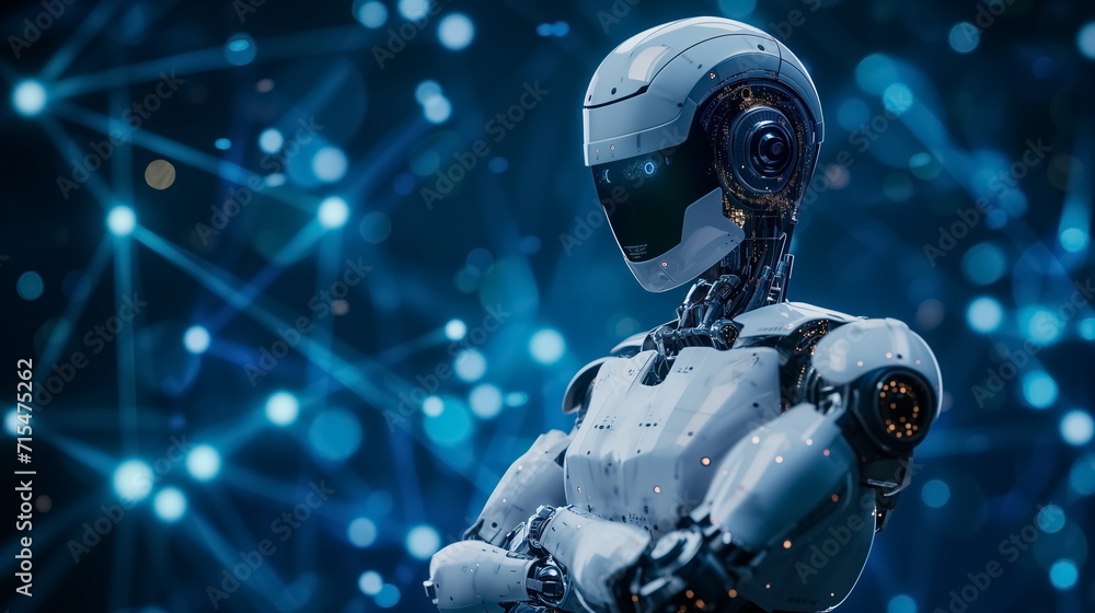Robot arm crossed, Humanoid robot standing on blue futuristic background. Generated AI. Robot arm crossed, Humanoid robot standing on blue futuristic background. Generated AI.