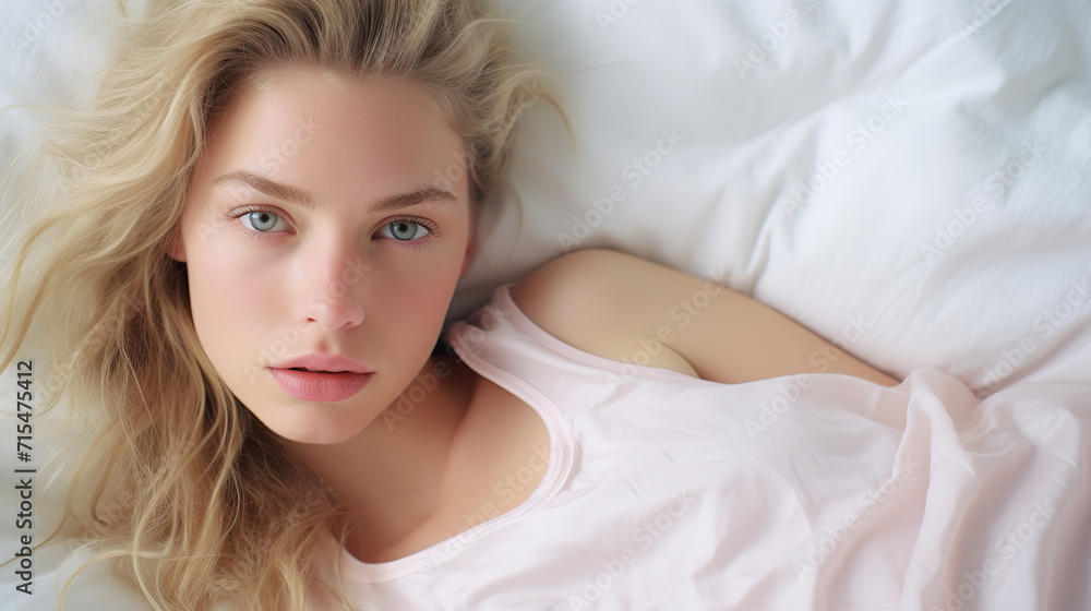 Serene Woman Relaxing in Bed Covered With Soft White Sheets in the Morning Serene Woman Relaxing in Bed Covered With Soft White Sheets in the Morning
