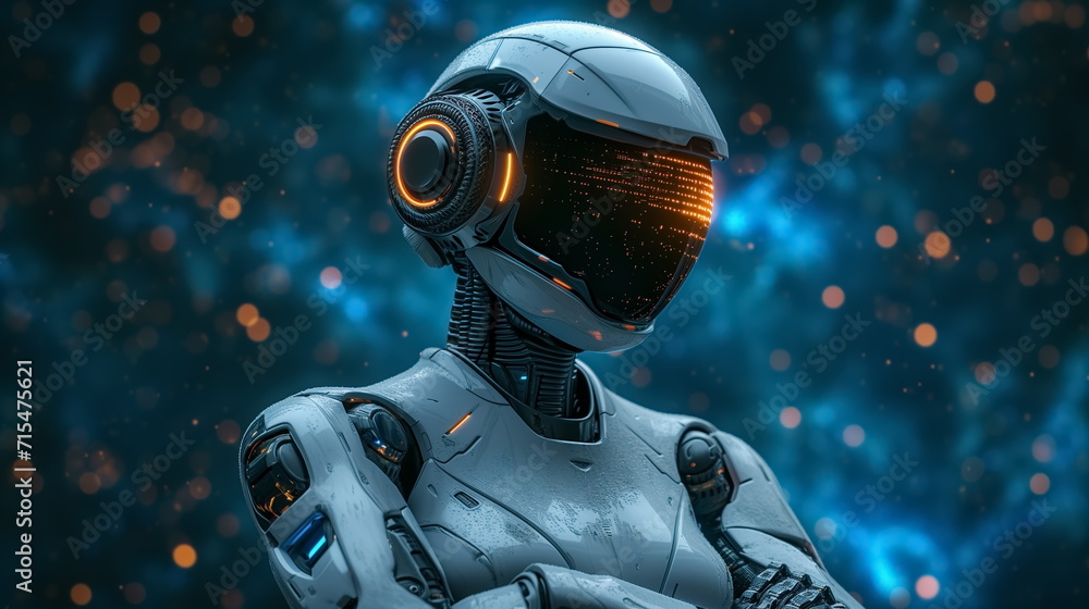 Robot arm crossed, Humanoid robot standing on blue futuristic background. Generated AI. Robot arm crossed, Humanoid robot standing on blue futuristic background. Generated AI.