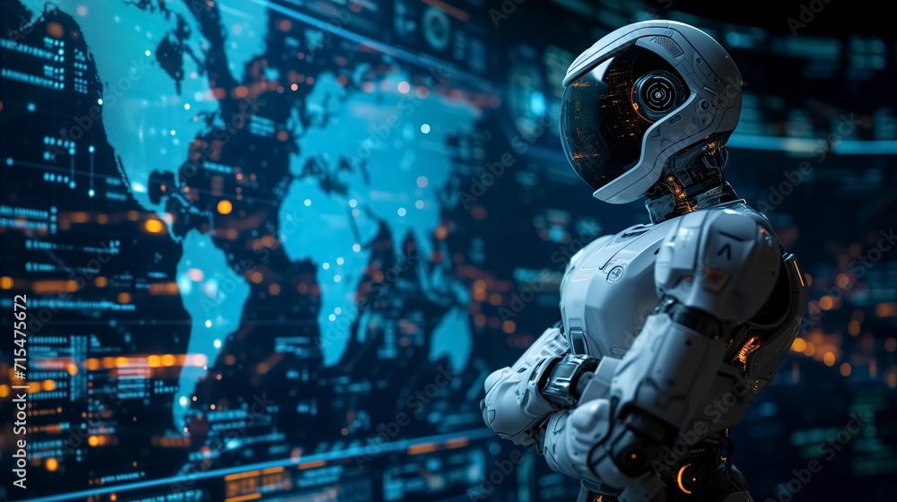Robot arm crossed, Humanoid robot standing on blue world map icon background. Generated AI.