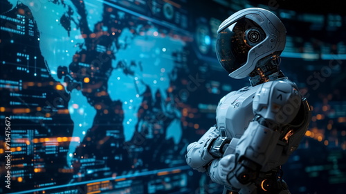 Foto Robot arm crossed, Humanoid robot standing on blue world map icon background