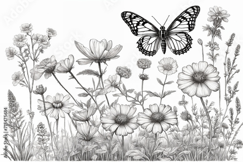Hand drawn blooming flowers and butterflies on blank background. Black and white wildflowers and insects. Monochrome elegant floral composition in vintage style. Generative Ai
