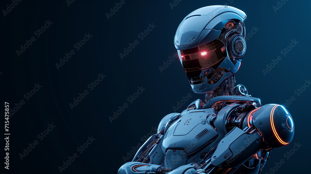 Robot arm crossed, Humanoid robot standing on dark blue background. Generated AI. Robot arm crossed, Humanoid robot standing on dark blue background. Generated AI.