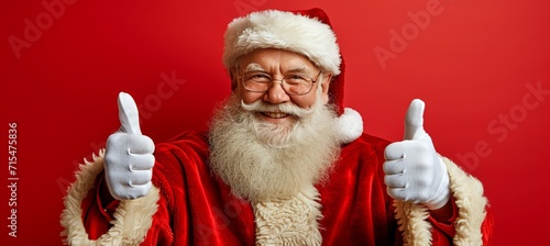 Smiling santa claus on red background with space for text, isolated festive christmas character photo