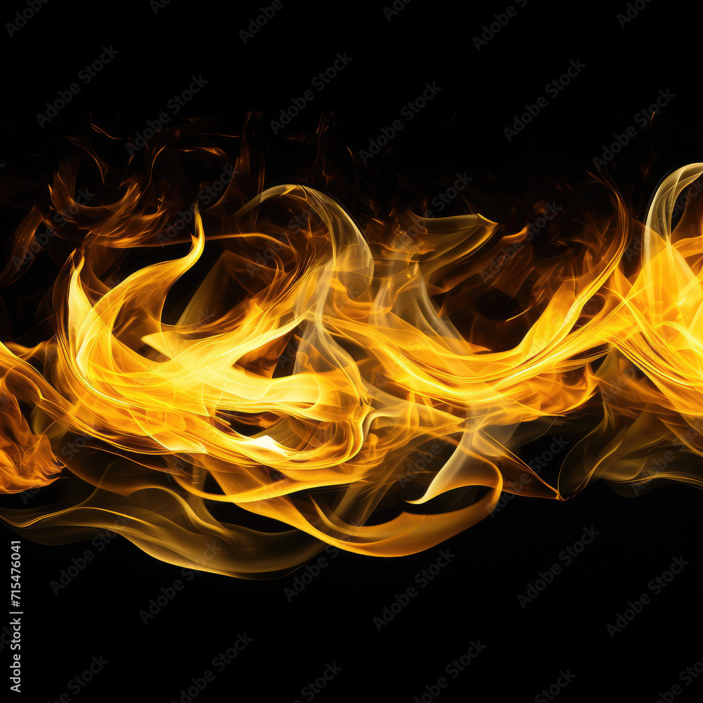 Fototapeta premium Tongues of yellow fire on clear black background, yellow flames and sparks background design