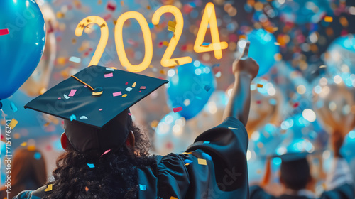 Graduation poster 2024. Male multiracial graduate celebrates his graduation on party with balloons and confetti. photo