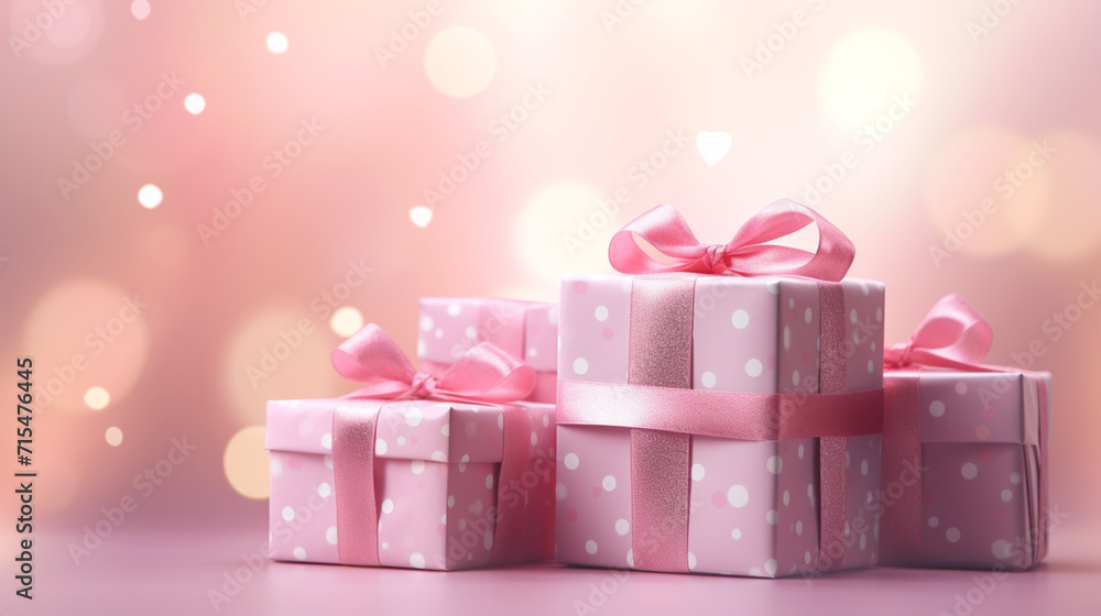 Valentine's Day greeting card design. Pink gift boxes with hearts and glittering on pink background with copy space. Valentine's Day greeting card design. Pink gift boxes with hearts and glittering on pink background with copy space.
