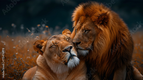 Banner of loving lion couple. Valentine s Day concept 