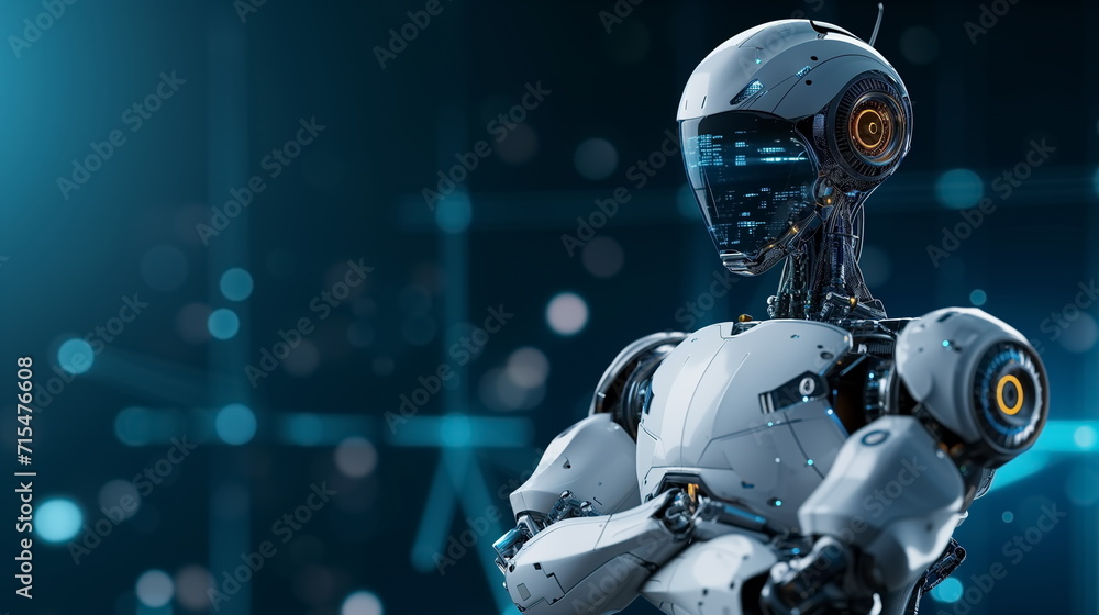 Robot arm crossed, Humanoid robot standing on blue futuristic background. Generated AI. Robot arm crossed, Humanoid robot standing on blue futuristic background. Generated AI.