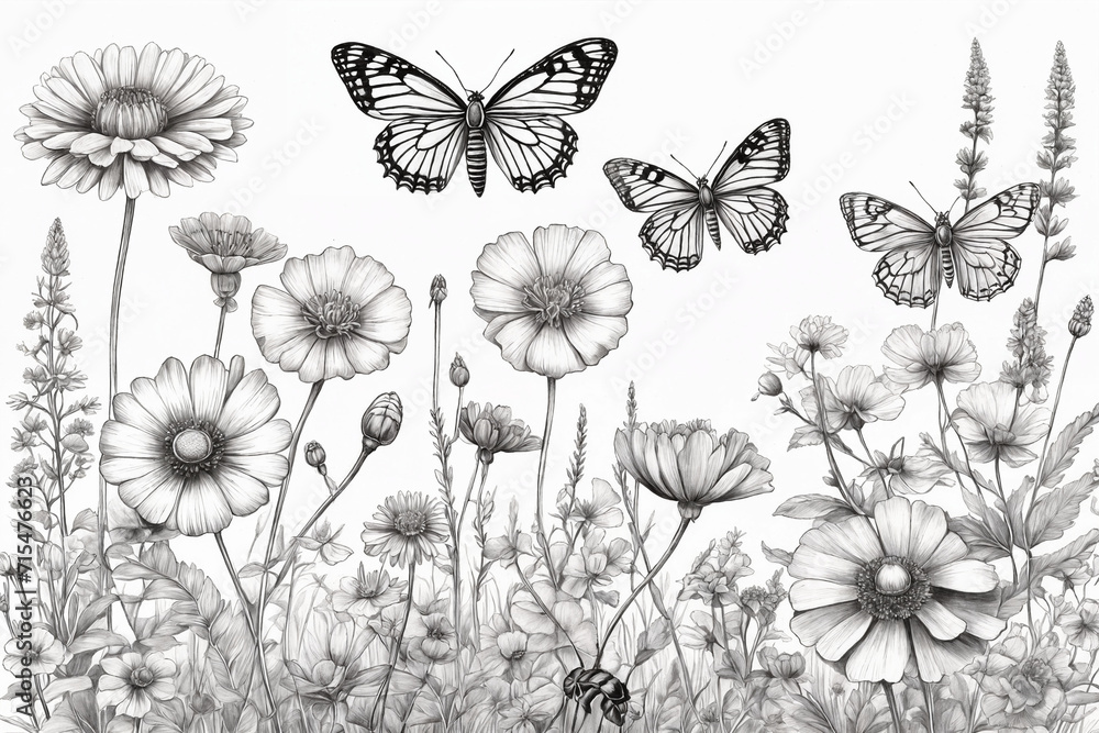 Fototapeta premium Hand drawn blooming flowers and butterflies on blank background. Black and white wildflowers and insects. Monochrome elegant floral composition in vintage style. Generative Ai