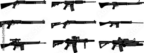 set of weapons, shotguns, rifles black silhouette, vector