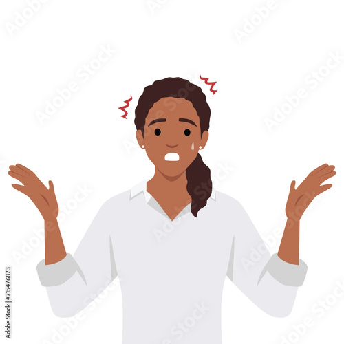 Confused puzzled preoccupied young woman. Panic woman with open hands. Flat vector illustration isolated on white background