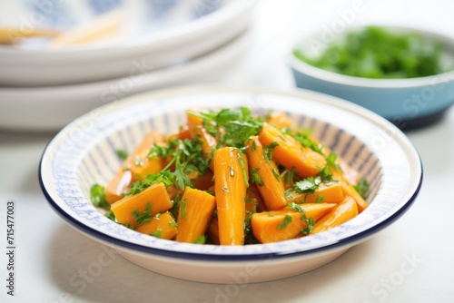 steamed carrots with parsley garnish on ceramic dish
