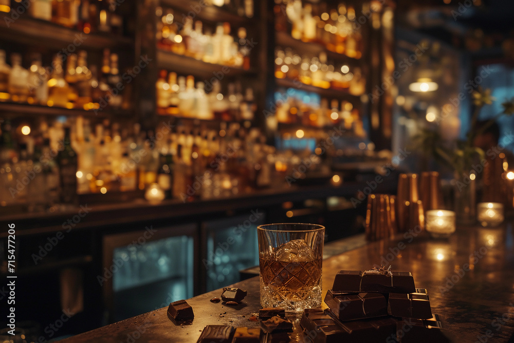 Whisky on a table in a bar with Chocolate