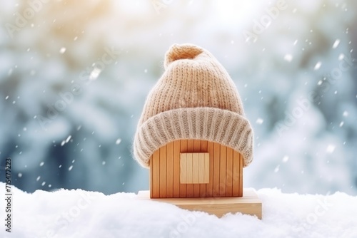 Toy house in snow covered warm hat. House heat preservation