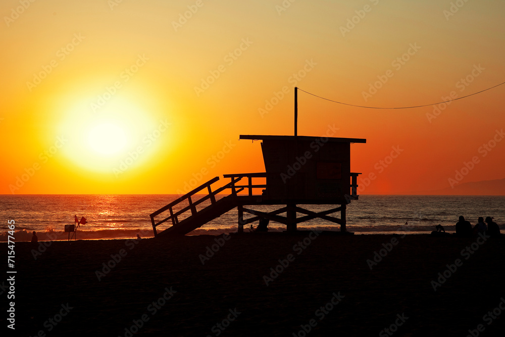 Santa Monica beach at sunset, Los Angeles, California, USA.