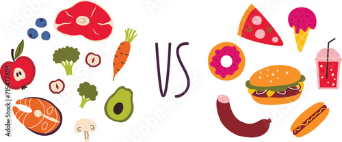 Choosing between healthy and unhealthy foods. Fast food, sweet and fatty foods or natural organic foods.