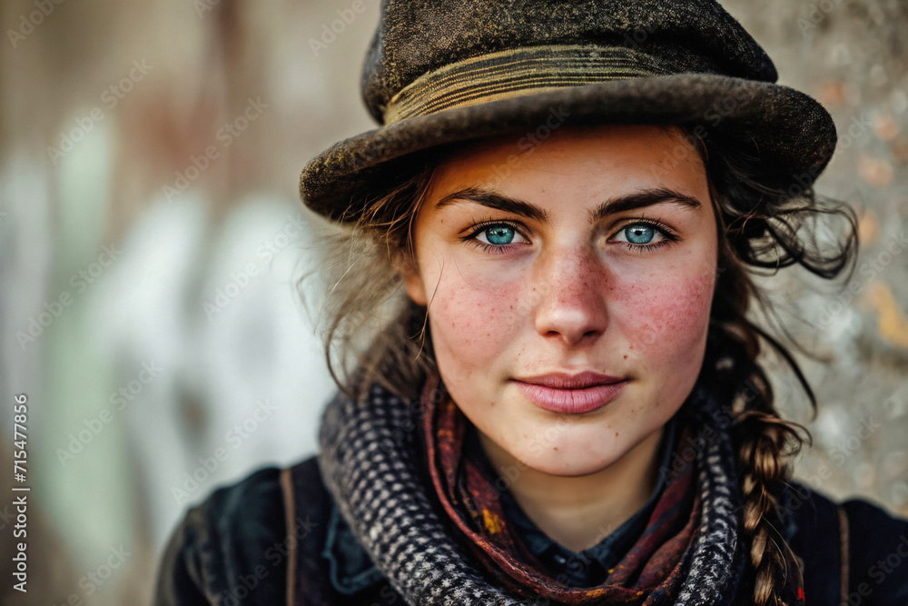 Close-up of a young woman with blue eyes, freckles, and braided hair, wearing a vintage hat and a patterned scarf Close-up of a young woman with blue eyes, freckles, and braided hair, wearing a vintage hat and a patterned scarf