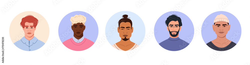 Male characters in a round frame. Circles with avatars, faces of young men. Portraits of different men of different nationalities. A set of user profiles. Vector cartoon illustration in a flat style Male characters in a round frame. Circles with avatars, faces of young men. Portraits of different men of different nationalities. A set of user profiles. Vector cartoon illustration in a flat style