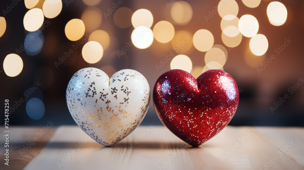 Red hearts on wooden table against defocused lights. Red hearts on wooden table against defocused lights.