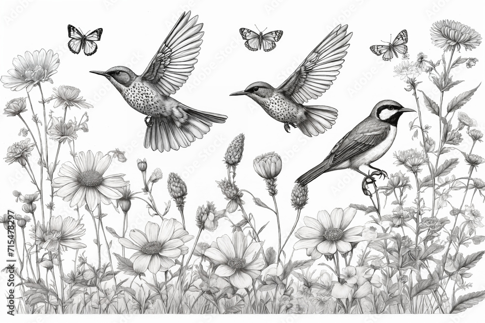 Hand drawn black and white blooming flowers, butterflies, birds on blank background. Monochrome floral composition in vintage style. Generative Ai - obrazy, fototapety, plakaty 
