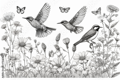 Hand drawn black and white blooming flowers, butterflies, birds on blank background. Monochrome floral composition in vintage style. Generative Ai © SOLOTU