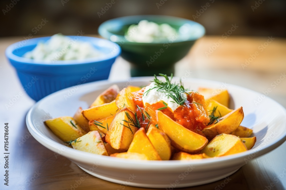 patatas bravas in a bowl with spicy tomato sauce patatas bravas in a bowl with spicy tomato sauce