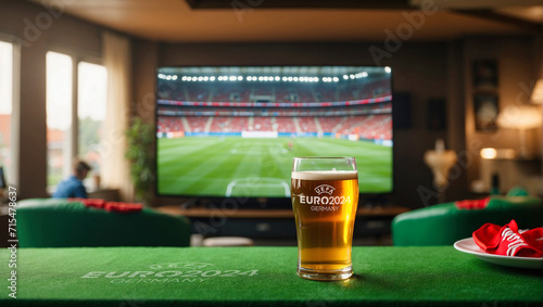 This is an image of a football match on television in a cozy living room setting with Euro 2024 branding, a beer glass, and soccer paraphernalia © odela