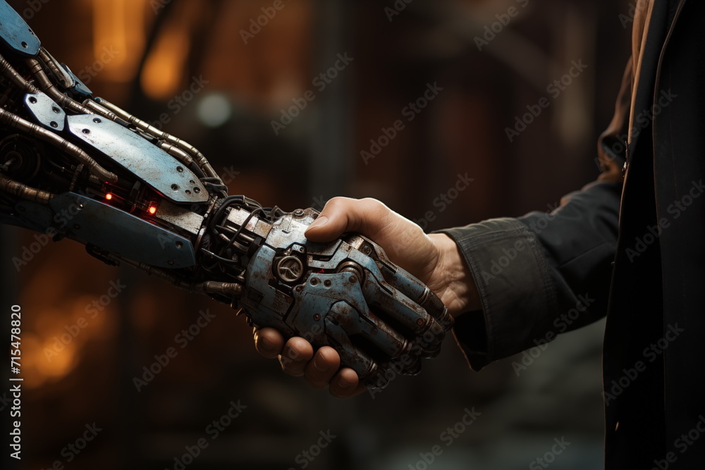 Robot handshake human. Futuristic technology age concept. Artificial intelligence and machine learning. Generated AI