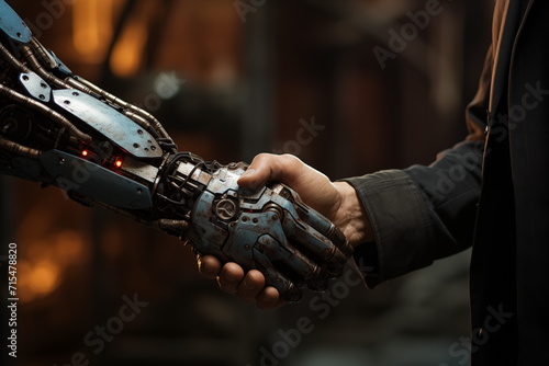 Robot handshake human. Futuristic technology age concept. Artificial intelligence and machine learning. Generated AI