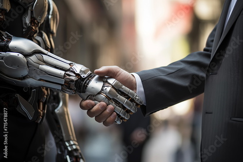 Robot handshake human. Futuristic technology age concept. Artificial intelligence and machine learning. Generated AI © jirayut